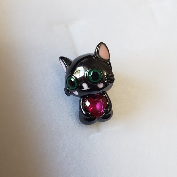 New Black Cat Silver Plated Fit Charm, with pink heart Rhinestone - Picture 2 of 7